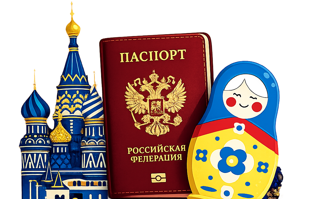 изображение на тему оформления документов для русских за границей orienterel с русской культурной атрибутикой матрешкой и паспортом гражданина рф